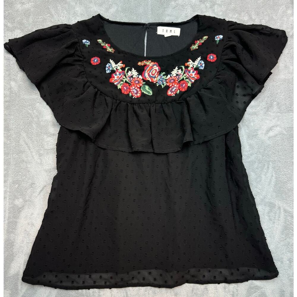THML Charlotte Black Swiss Dot Embroidered Floral Ruffle Blouse Boho Medium - Picture 1 of 10